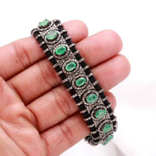 AA Natural Emerald Thread Bracelet, Pave Diamond Bracelet, May Birthstone Bracelet, Pave Diamond 925 Silver Bracelet, Gift for her