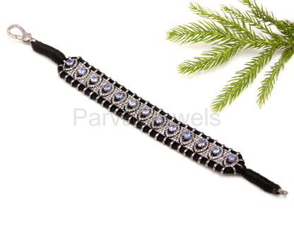 Elegant Natural Tanzanite Thread Bracelet, Pave Diamond Bracelet, December Birthstone Bracelet, 925 Sterling Silver Bracelet, Gift for her