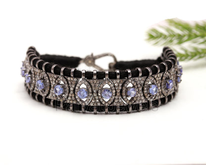 Elegant Natural Tanzanite Thread Bracelet, Pave Diamond Bracelet, December Birthstone Bracelet, 925 Sterling Silver Bracelet, Gift for her