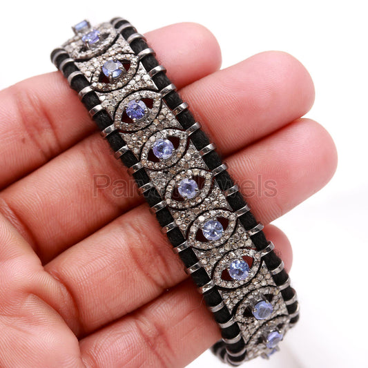 Elegant Natural Tanzanite Thread Bracelet, Pave Diamond Bracelet, December Birthstone Bracelet, 925 Sterling Silver Bracelet, Gift for her