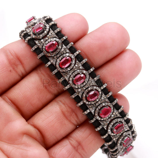 AA Natural Ruby Thread Bracelet, Pave Diamond Bracelet, July Birthstone Bracelet, Pave Diamond 925 Silver Bracelet, Gift for her