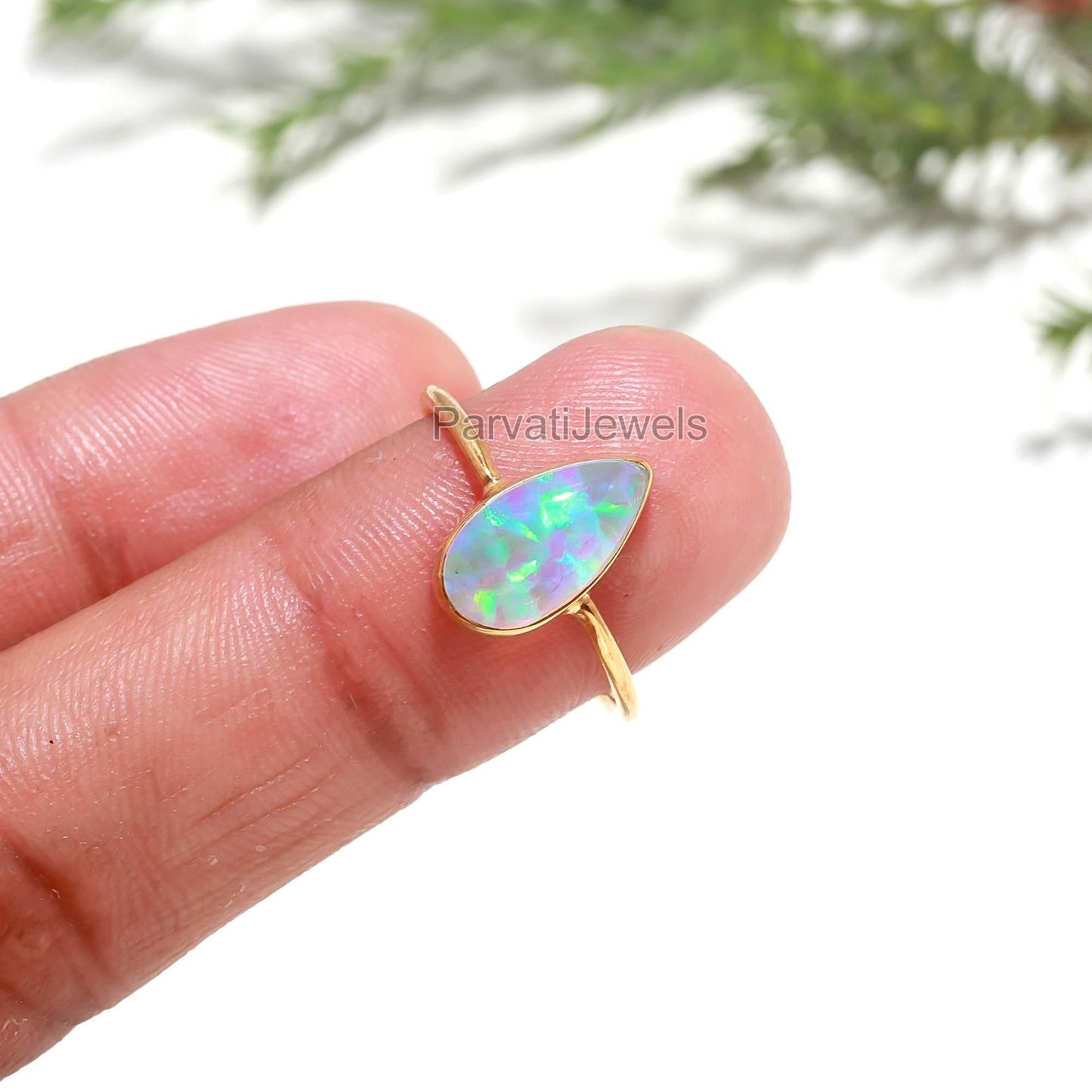Lab Created Aurora Opal Gold Ring, 18K Solid Gold Ring, Dainty Gold Ring, Handcrafted Opal Ring, Aura Birthstone Ring, Opal Gold Jewelry