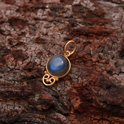 Natural Labradorite Round Shaped Charm, 18k Solid Gold Charm, Handcrafted Gold Charm, Solid Gold Charm, Minimalist Gold Charm,