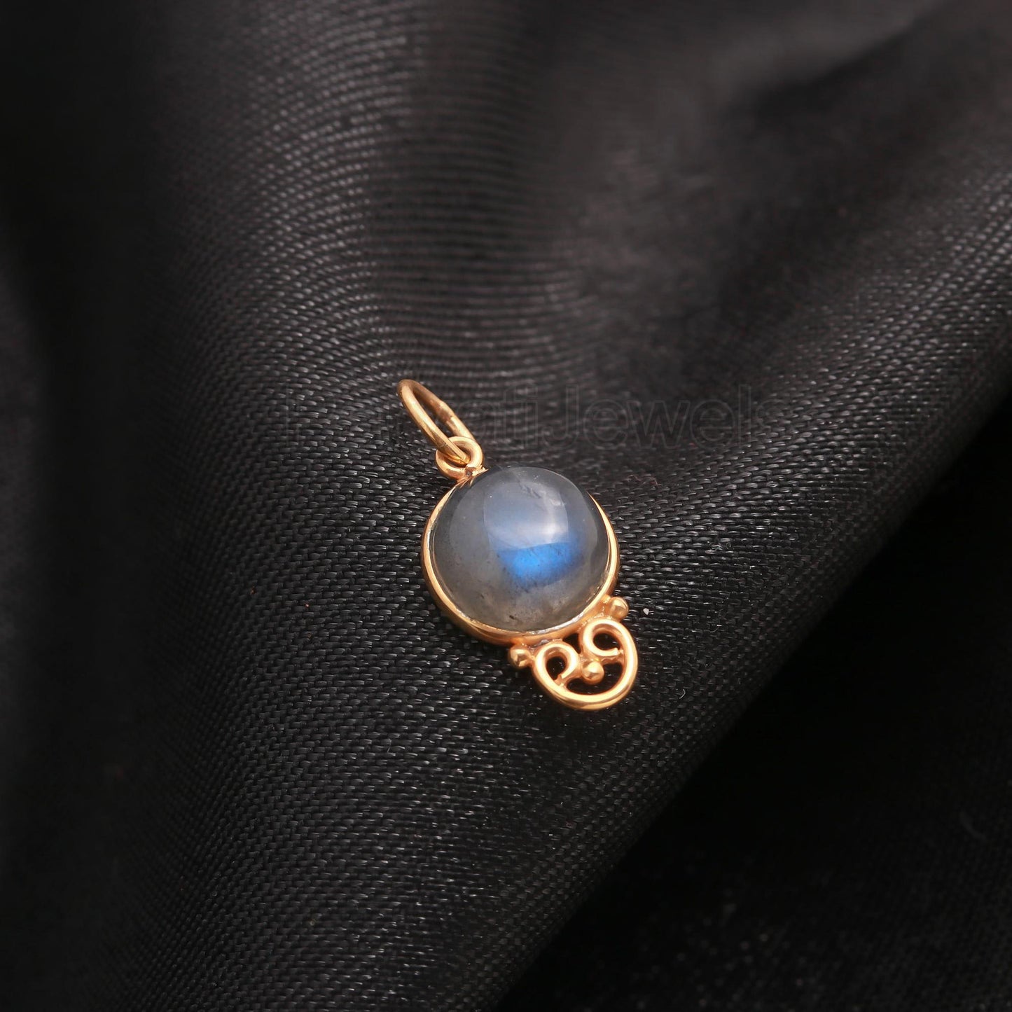 Natural Labradorite Round Shaped Charm, 18k Solid Gold Charm, Handcrafted Gold Charm, Solid Gold Charm, Minimalist Gold Charm,