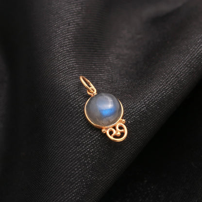 Natural Labradorite Round Shaped Charm, 18k Solid Gold Charm, Handcrafted Gold Charm, Solid Gold Charm, Minimalist Gold Charm,