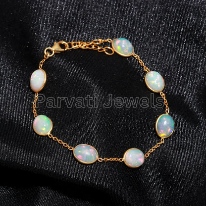 AA Natural Ethiopian Opal Bracelet, 18k Solid Gold Bracelet, Handmade Gold Bracelet, Natural Opal Oval Shape Bracelet, Gift for her, 18K