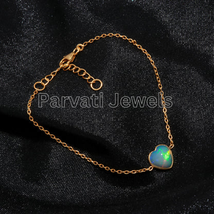 AA Natural Ethiopian Opal Bracelet, 18k Solid Gold Bracelet, Handmade Gold Bracelet, Gold Bracelet, Gift for her, Opal Heart Shape Bracelet
