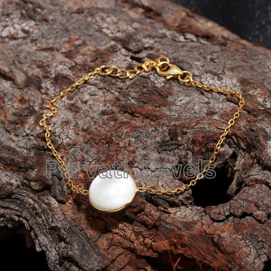 Natural Mother of Pearl Bracelet, 18k Solid Gold Bracelet, Mother of Pearl Charm, Gold Bracelet, Handmade Gold Bracelet, Gift for her