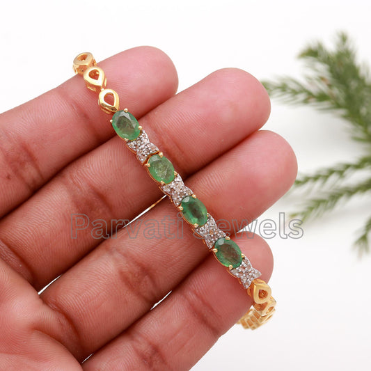 AA Natural Emerald and Diamond Bracelet, Solid 925 Silver Bracelet, May Birthstone Bracelet, Tennis Bracelet, Gift for her, Diamond Bracelet