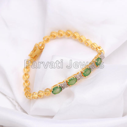 AA Natural Emerald and Diamond Bracelet, Solid 925 Silver Bracelet, May Birthstone Bracelet, Tennis Bracelet, Gift for her, Diamond Bracelet