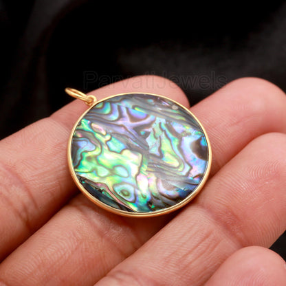 Abalone Shell Round Shaped Charm, Handcrafted Gold Charm, May Birthstone, Minimalist Gold Charm, 18k Solid Gold Charm