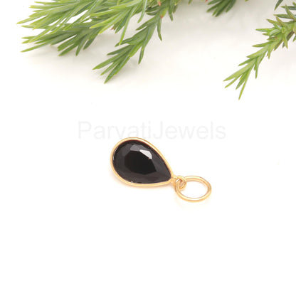 Natural Pear Shaped Black Onyx Charm, Black Onyx Gemstone Charm, Handcrafted Charm, Dainty Charm, Solid Gold Charm, Minimalist Gold Charm,