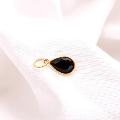 Natural Pear Shaped Black Onyx Charm, Black Onyx Gemstone Charm, Handcrafted Charm, Dainty Charm, Solid Gold Charm, Minimalist Gold Charm,