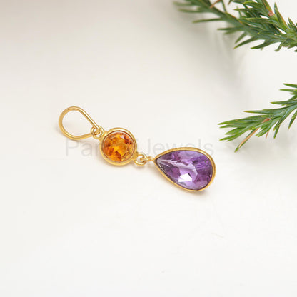 Natural Amethyst Citrine Charm, 18k Solid Gold Charm, Amethyst Gold Charm, Gold Charm Pendant, Citrine Charm Necklace, Handmade Gold Charm