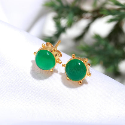 Natural Green Onyx Stud Earrings, Solid 14k & 18k Gold Stud Earrings, Green Onyx Gold Earrings, Gold Stud Earrings, Handmade Gold Earrings