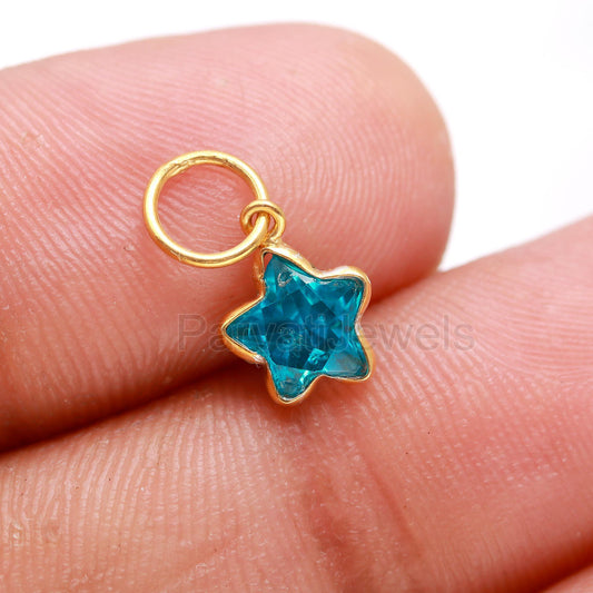 AA Swiss Blue Topaz Charm, 18k Solid Gold Charm, Handmade Gold Charm, Charms Pendant, Lab Created Swiss Blue Topaz Charm, Gift For Her Charm