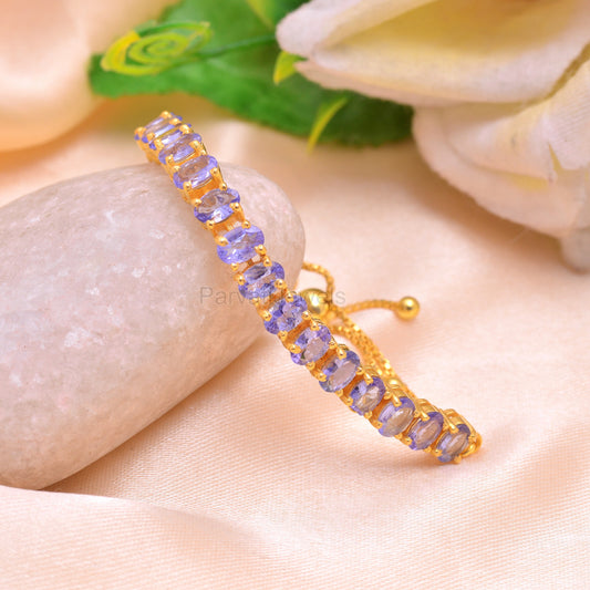 Natural Blue Tanzanite Oval Tennis Gold Vermeil Bracelet, Solid 925 Silver Tennis Bracelet, December Birthstone Bracelet, Partywear Bracelet
