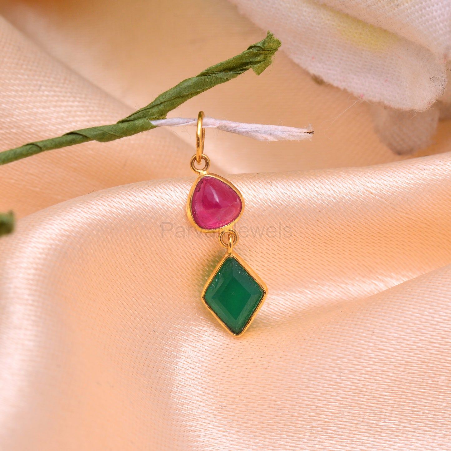 Natural Ruby Gemstone Charm, Solid 18K Gold Charm Pendant, Green Onyx Gold Charm, Minimal Charm, Birthstone Charm ,Handmade Charm Pendant18K