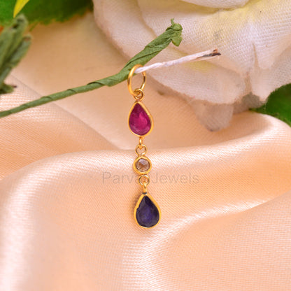 Natural Ruby Diamond Sapphire Charm, Solid 18K Gold Charm, Emerald Sapphire Charm, Rose Cut Diamond Charm Pendant ,Handmade, 4X6 Pear Charm