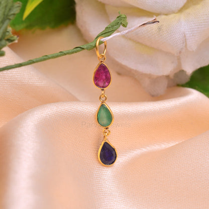 Natural Ruby Emerald Sapphire Gemstone Charm, Solid 18K Gold Charm, Emerald Sapphire Charm, Birthstone Charm Pendant ,Handmade, 4X6 Pear