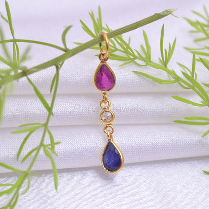 Natural Ruby Diamond Sapphire Charm, Solid 18K Gold Charm, Emerald Sapphire Charm, Rose Cut Diamond Charm Pendant ,Handmade, 4X6 Pear Charm