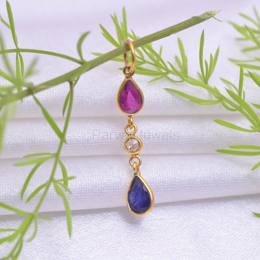 Natural Ruby Diamond Sapphire Charm, Solid 18K Gold Charm, Emerald Sapphire Charm, Rose Cut Diamond Charm Pendant ,Handmade, 4X6 Pear Charm