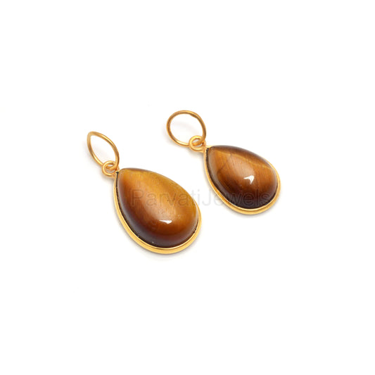 Natural Tiger's Eye Charm, Solid 18K Gold Charm, Tiger's Eye Charm, Gold Charm Pendant, Handmade Gold Charm, 7x10 & 8x12 Pear Charm Pendant