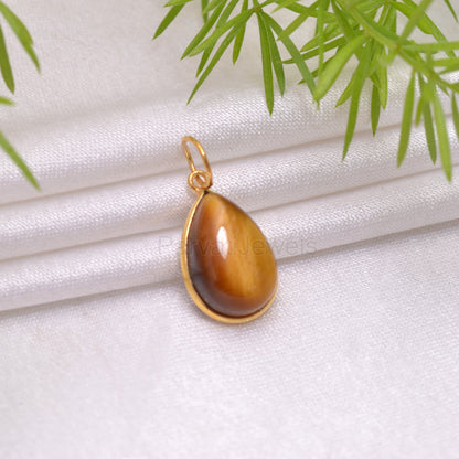 Natural Tiger's Eye Charm, Solid 18K Gold Charm, Tiger's Eye Charm, Gold Charm Pendant, Handmade Gold Charm, 7x10 & 8x12 Pear Charm Pendant