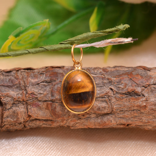 Natural Tiger's Eye Charm, 18k Solid Gold Charm, Brown Tiger's Eye Charm, Gold Charm Pendant, Handmade Charm, 6x8 & 8x10 Oval Charm Pendant
