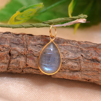 Natural Blue Labradorite Charm, 18k Solid Gold Charm, Labradorite Charm, Gold Charm Pendant, Handmade Charm, 7x10 & 8x12 Pear Charm Pendant