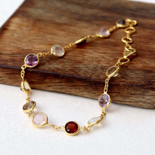 Multi Gemstone Bracelets, 18k Solid Gold Bracelets, Handmade Gold Bracelets, Gold Bracelets, Wedding Gift for Wife, Gemstone Bracelets