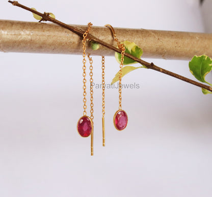 Elegant Ruby Gold Earring, Solid Gold Earrings, Handmade Gold Earrings, Minimalist Hanging Earrings, Thread Earring, Gift for Her
