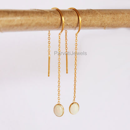Natural Ethiopian Opal Gold Earring, Solid Gold Earrings, Handmade Gold Earrings, Minimalist Hanging Earrings, Thread Earring, Gift for Her