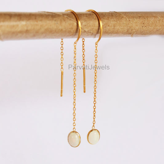 Natural Ethiopian Opal Gold Earring, Solid Gold Earrings, Handmade Gold Earrings, Minimalist Hanging Earrings, Thread Earring, Gift for Her