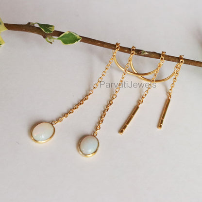 Natural Ethiopian Opal Gold Earring, Solid Gold Earrings, Handmade Gold Earrings, Minimalist Hanging Earrings, Thread Earring, Gift for Her