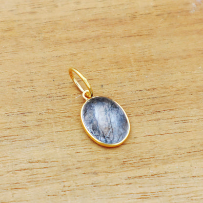 Black Rutile Charm, 18k Solid Gold Charm, Natural Tourmalated Quartz Charm, Gold Charm, Charm Pendant, Charm Necklace, Handmade Charms