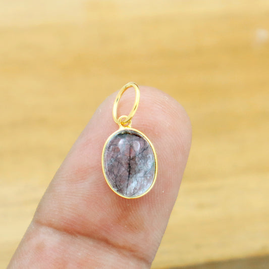 Black Rutile Charm, 18k Solid Gold Charm, Natural Tourmalated Quartz Charm, Gold Charm, Charm Pendant, Charm Necklace, Handmade Charms