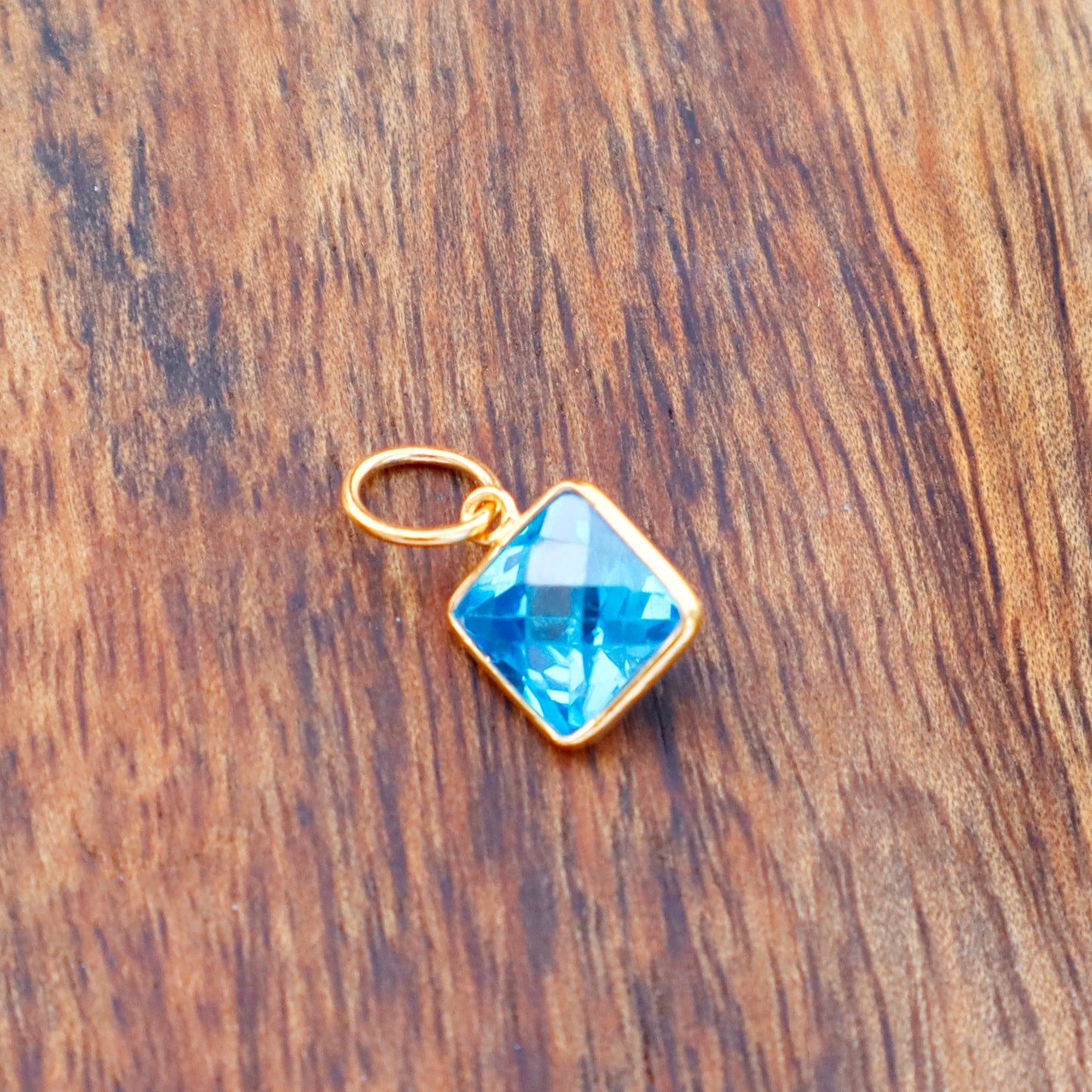 Checker Cut Blue Topaz Charm, 18k Solid Gold Charm, Lab made Blue Topaz Charm, Gold Charm,Charm Pendant, Charm Necklace, Handmade Gold Charm