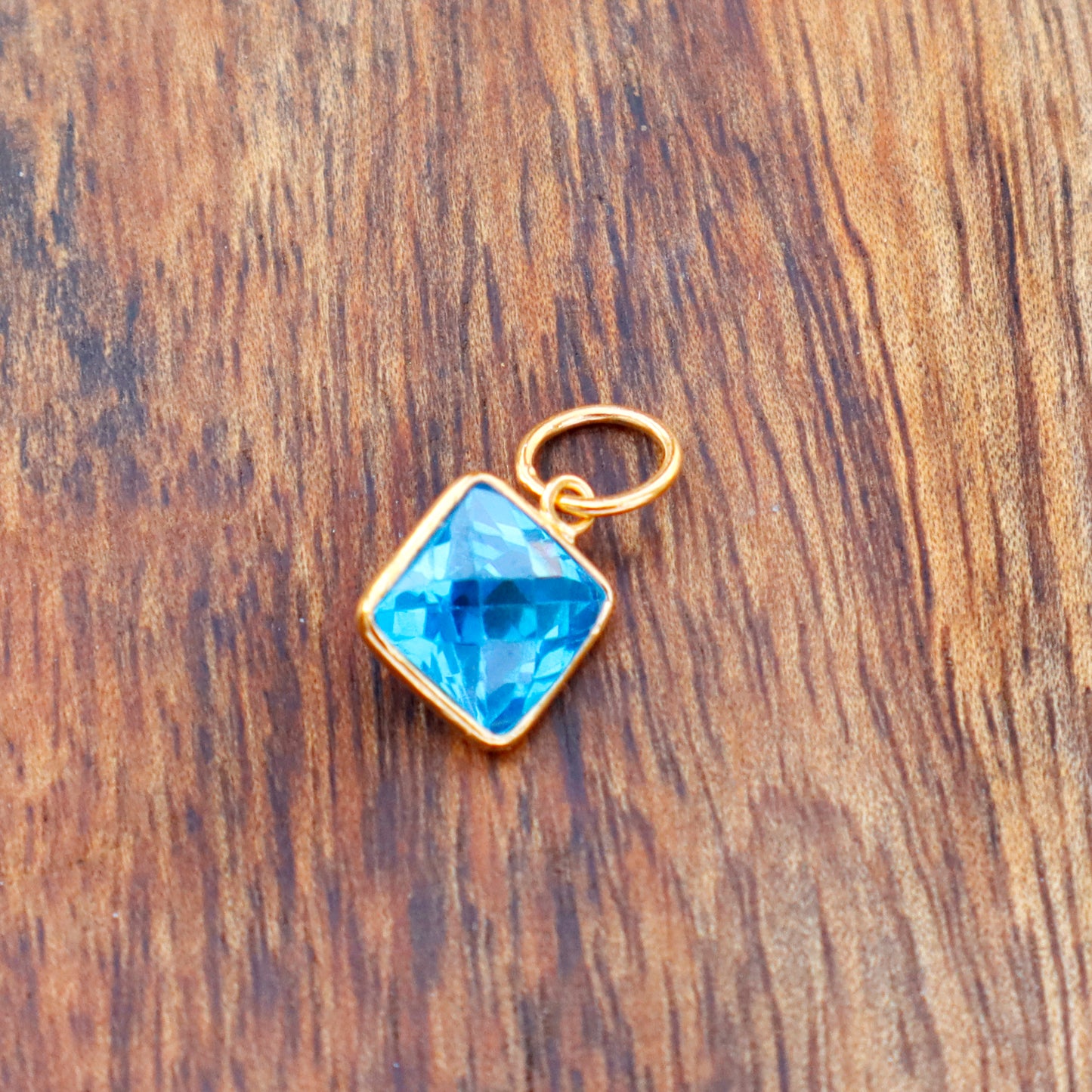 Checker Cut Blue Topaz Charm, 18k Solid Gold Charm, Lab made Blue Topaz Charm, Gold Charm,Charm Pendant, Charm Necklace, Handmade Gold Charm