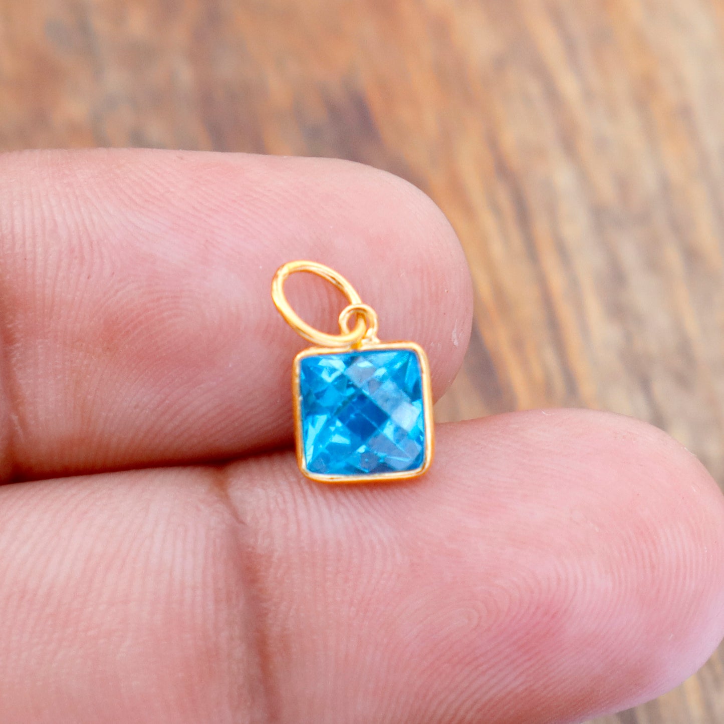 Checker Cut Blue Topaz Charm, 18k Solid Gold Charm, Lab made Blue Topaz Charm, Gold Charm,Charm Pendant, Charm Necklace, Handmade Gold Charm