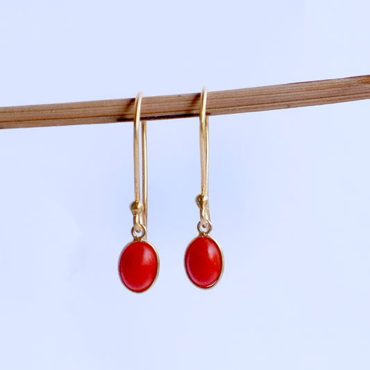 Natural Red Coral Earring, Red Coral Dangle Earring, Solid 18K Gold Earring, Handmade Gold Earring, Minimalist Dangle Earring, Gift for Her