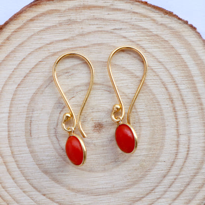 Natural Red Coral Earring, Red Coral Dangle Earring, Solid 18K Gold Earring, Handmade Gold Earring, Minimalist Dangle Earring, Gift for Her