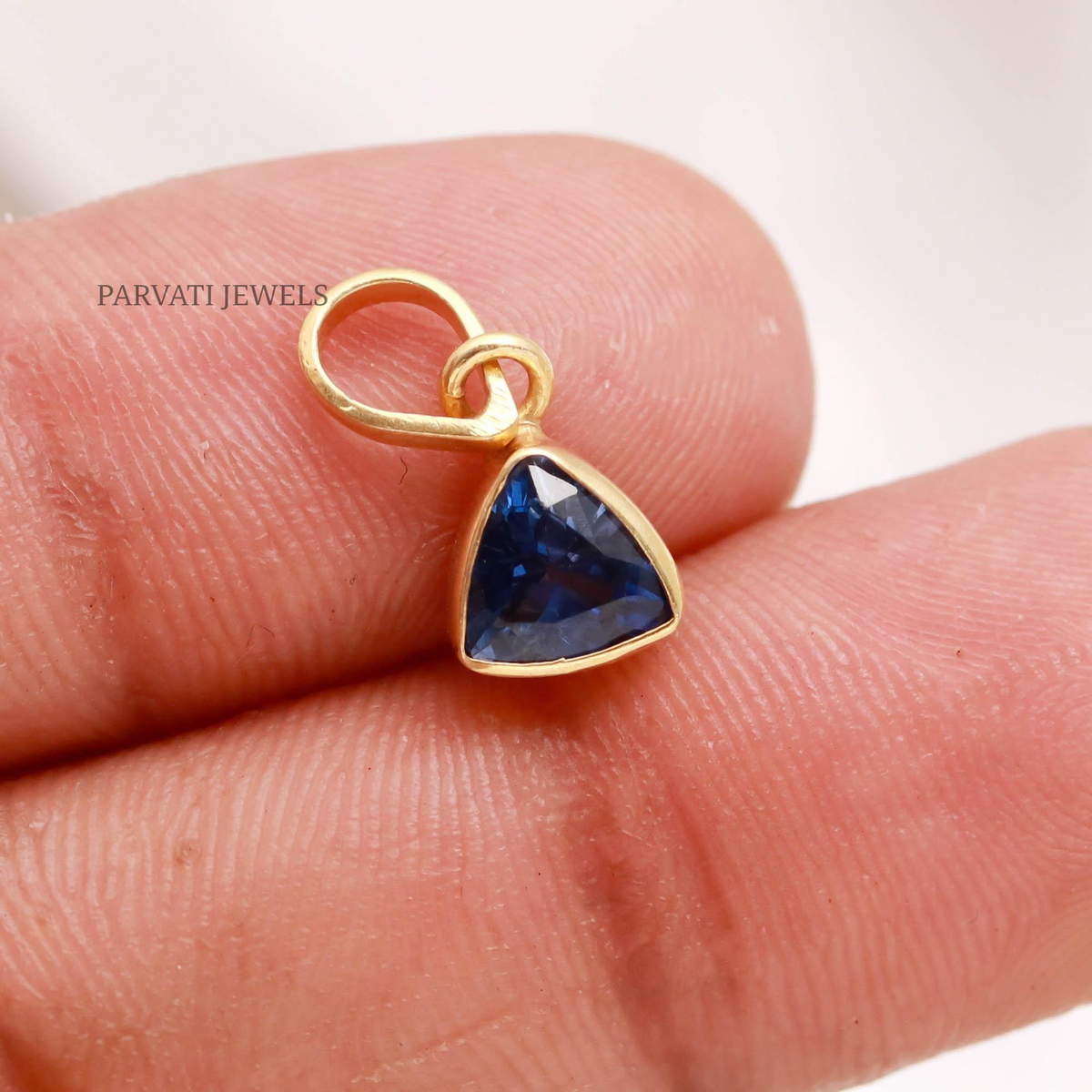18K Solid Gold Blue Sapphire Triangle Charm Pendant | Minimalist Gemstone Jewelry |Gift for Her