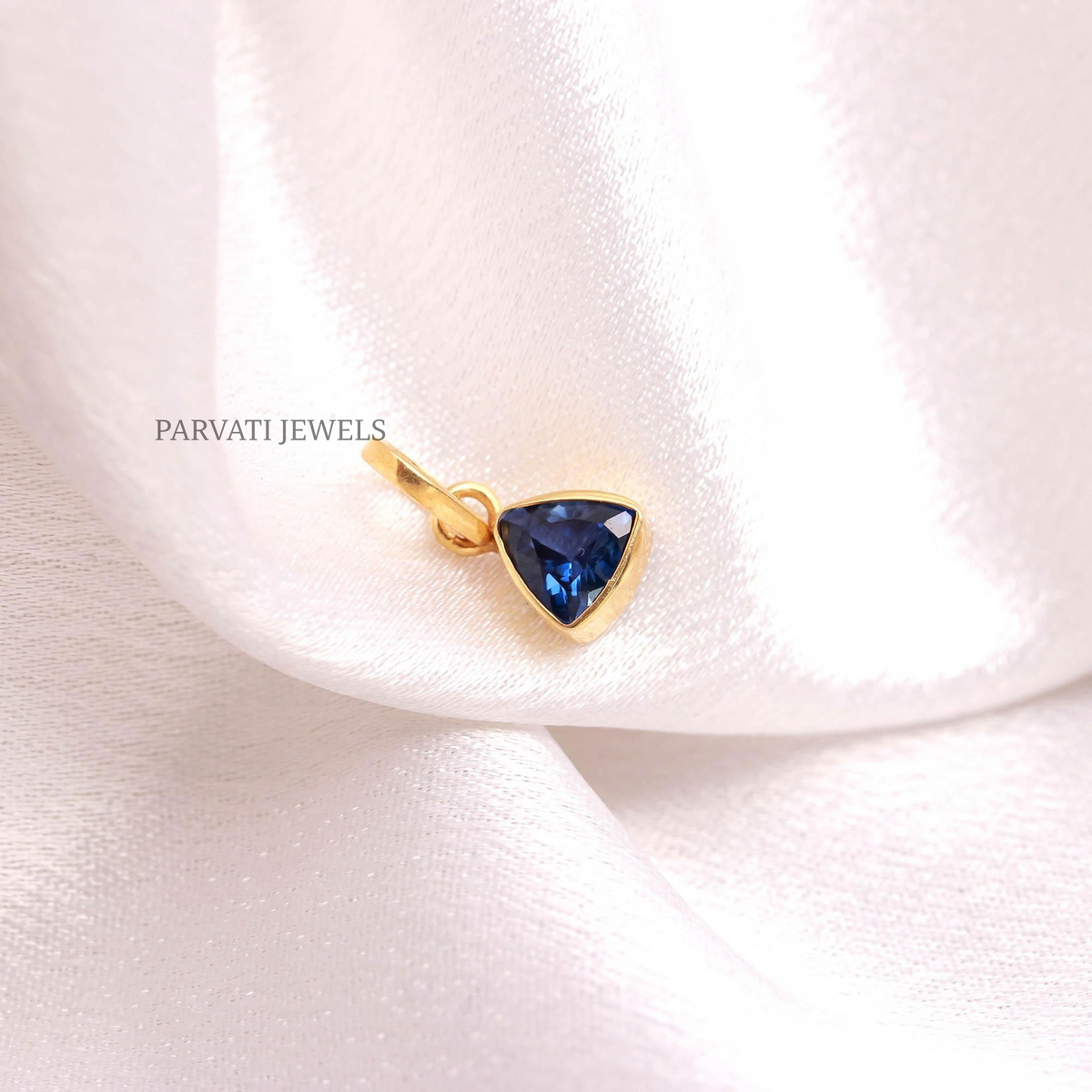 18K Solid Gold Blue Sapphire Triangle Charm Pendant | Minimalist Gemstone Jewelry |Gift for Her