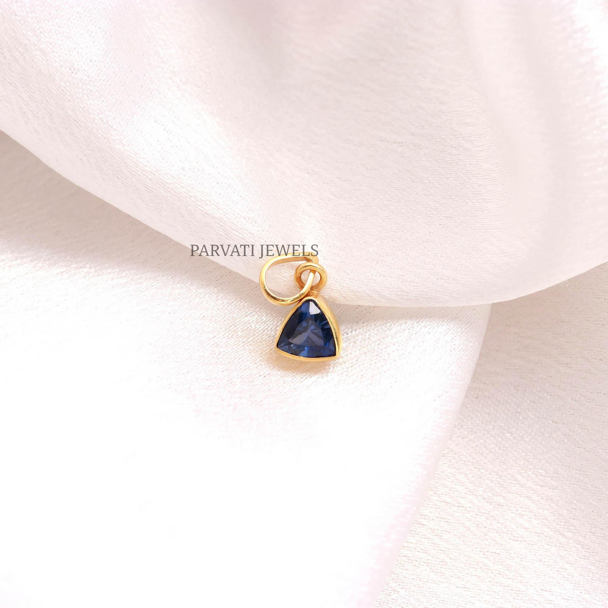 18K Solid Gold Blue Sapphire Triangle Charm Pendant | Minimalist Gemstone Jewelry |Gift for Her