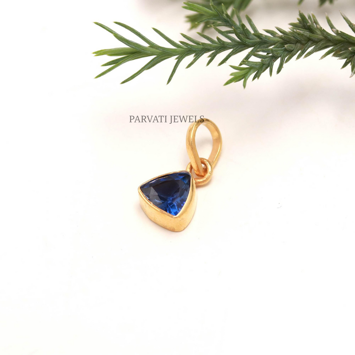 18K Solid Gold Blue Sapphire Triangle Charm Pendant | Minimalist Gemstone Jewelry |Gift for Her