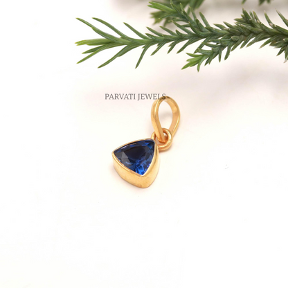 18K Solid Gold Blue Sapphire Triangle Charm Pendant | Minimalist Gemstone Jewelry |Gift for Her