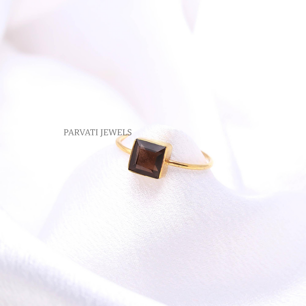 18K Solid Gold Natural Smoky Quartz Ring, Minimalist Gemstone Jewelry