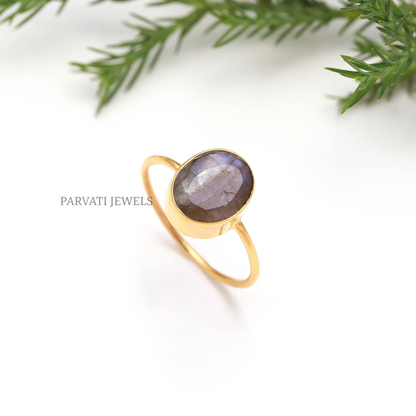 Natural Labradorite Ring in 18K Solid Gold, Handmade Gemstone Statement Ring, Gift for Her