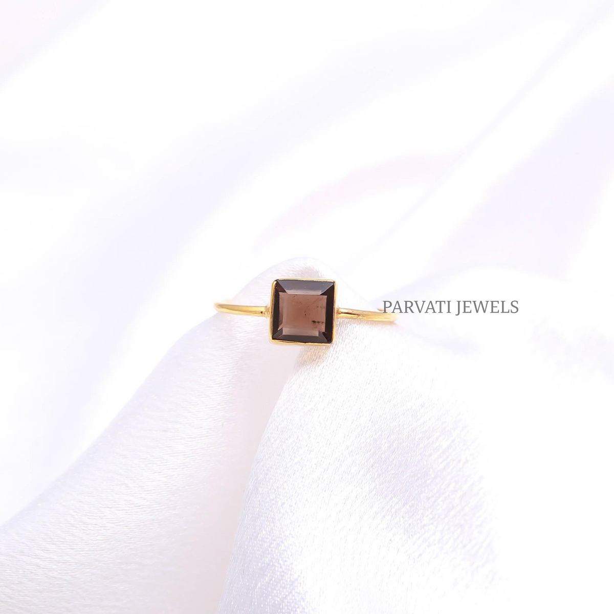 18K Solid Gold Natural Smoky Quartz Ring, Minimalist Gemstone Jewelry